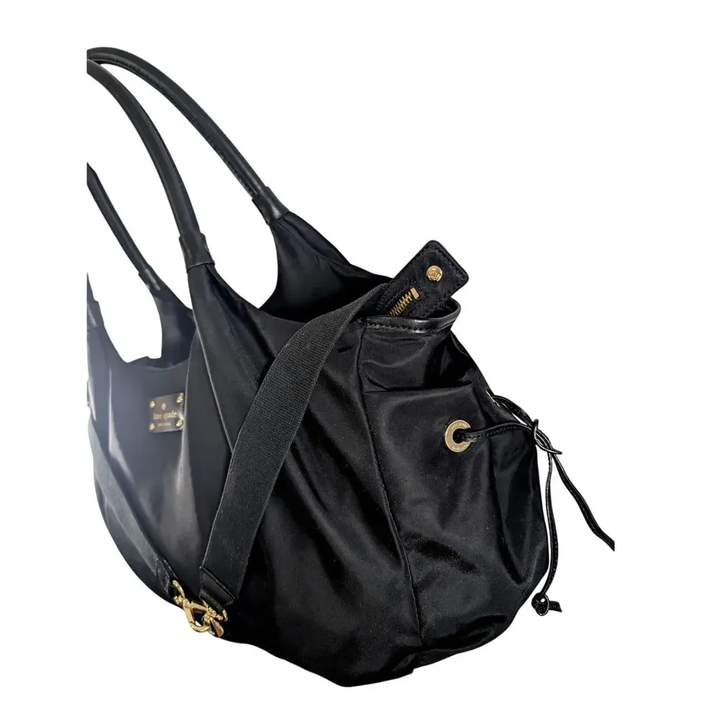 KATE SPADE! LUXE BLACK NYLON SATIN,VEGAN LEATHER, MULTI POUCH DIAPER BAG, PURSE!